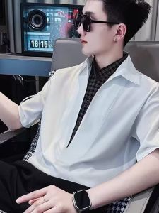 American Style Splice Fake Two-Piece Mens Short Sleeve Polo Shirt Summer Trendy V-Neck Seven-Arm Upper Body Casual Fashion