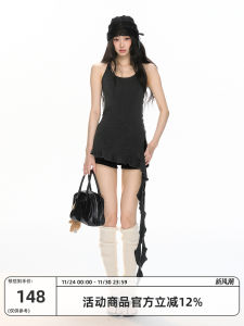 ชุดเดรสคอวีแขนกุดสีเทาสไตล์สาวฮอตพร้อมเสื้อกั๊กและกระโปรงทรงเอสไตล์เรียบง่าย ทรงหลวม แขนกุด