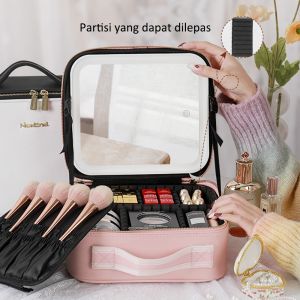 Tas Rias Kosmetik LED Makeupartist Bag MUA Beauty Case Tas Kosmetik Dengan Cermin Lampu LED Penyimpanan Kosmetik Dengan Lampu Layar Penuh Tas Kosmetik Portabel Kapasitas Besar