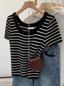 Plus Size Womens Clothing off-Shoulder U Collar Stripes Short Sleeve T-Shirt Womens Summer Silm Slim Looking Niche Style Short Shoulder Knitting Tops