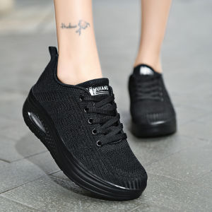 Black Sports Shoes Womens Spring Fly Knit Mesh Dancing Shoes Breathable Pad Square Mom Dancing Shoes Ghost Step Single Shoes