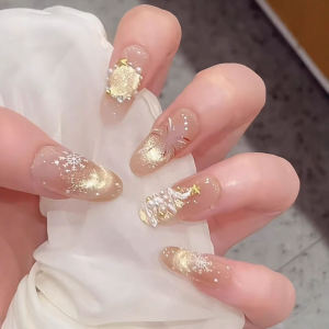 Handmade Christmas Firework Nails Short Wearable False Nails Glitter Champagne Cat Eye Sensation Premium Feeling Nail Art