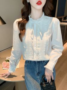 เสื้อเชิ้ตผ้าชีฟองแขนยาวแฟชั่นสำหรับผู้หญิง ฤดูใบไม้ร่วง 2025 ดีไซน์ใหม่ เสื้อชั้นใน ขอบฟองน้ำ ผ้าฝ้ายผสมโพลีเอสเตอร์