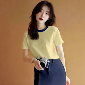 Summer New Style Womens Short Sleeve T-Shirt Pure Cotton round Neck Color Block Casual Fashion Versatile Top Cream Yellow