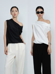 CMORE Summer New Black White Double-Sided Satin Acetate Loose Overhead Top Womens Asymmetric Design Sensation Versatile Shirt