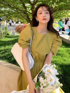 Sweet Waist-Cinching Bubble-Sleeve Dress Womens Summer High-Waisted A-Line Midi Dress Korean Style Short Sleeve round Neck
