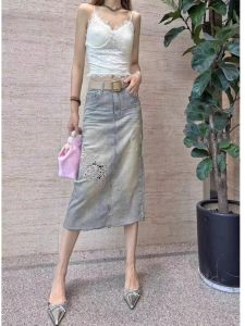 Fashionable Mid-Length Denim Skirt Hollow out Embroidery Heavy Work Trendy Half Body Skirt High Waist A-Line Korean Style