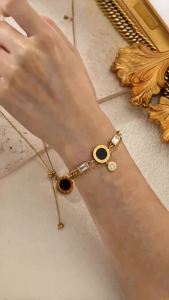 EILIECK 316L Stainless Steel Round Roman Numerals Charms Bracelet For Women Trendy Waterproof Hand Chain Summer Vacation Jewelry