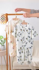 25 Summer Childrens Loose Cartoon V-neck Buttons Cardigan Homewear Boys and Girls Short Sleeve Trousers Pajamas Two-Piece Set