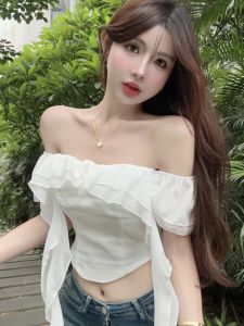 French Style Womens Short Sleeve Ruffles Pure Color Block Heirloom Chic Summer Top With One-Word Collar