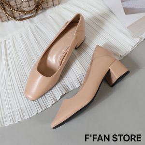 Giày cao gót nữ mũi vuông đế vuông [DA THẬT] bít mũi 5 phân da mềm mại big size màu đen be hồng trắng FFAN STORE