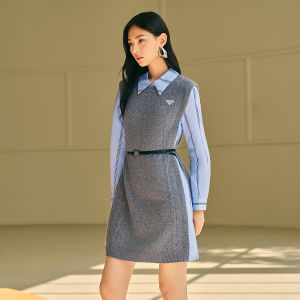 Bathina Woolen Shirt Dress Womens Autumn New Style Elegant Feel Fake Two-Piece Dress Standard Fit H-Shape A-Line Midi Dress
