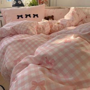 Pink Butterfly Knot Bedding Set Washed Cotton Soft Four-Piece Quilt Cover Sheet Dormitory Double Bed Three-Piece Bedding