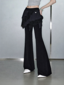 Unifree | Black Lace Spliced High Waist Slim Leg Wide Flare Trousers