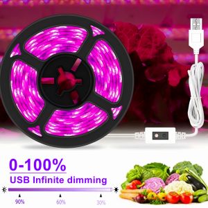 5V USB Dimmable LED Grow Light 60LEDs/m Full Spectrum 1-5m Plant Light Grow Strip Phyto Lamp for Vegetable Flower Seedling Grow