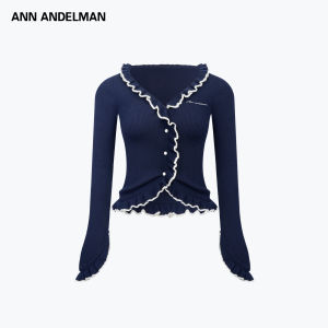 ANN ANDELMAN | Contrast Color Ruffled V-neck Elegant Knitted Top