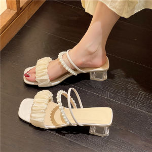 Two-Way Wear Summer New Fairy Style Thick Heel Anti-Slip Outdoor Crystal High Heel Sandals Womens Fashion Low Cut Slip-On Shoes