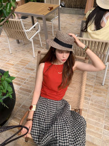 Anti-Wrinkle French Vintage Red Deep V Butterfly Knot Vest Top Padded Craft Womens Fashion Summer Short Sleeve round Neck