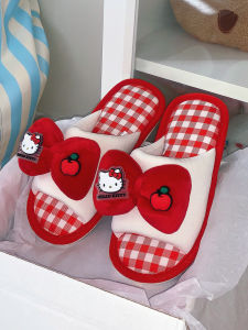 HelloKitty Linen Slippers Womens Indoor Anti-Slip Spring Autumn Cotton-Linen Themed Cartoon Sweat Absorbent Home Slippers