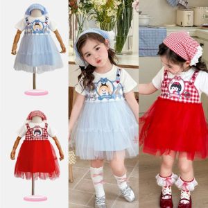 Princess Alice Girls Summer New Fashion Cartoon Mesh Puffy Dress Korean Style Cotton Polyester Blend Soft Fabric Short Sleeve