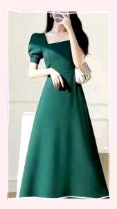 Catalog Fashion ชุดเดรสยาวแขนสั้นคอเหลี่ยม ใส่ออกงานได้ กระเป๋าข้าง พิเศษ 4 สี