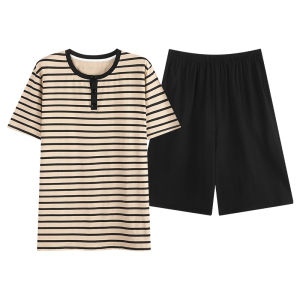 MiiOW | Mens Summer Short Sleeve Cotton Pajamas Set Comfortable Breathable Home Wear Striped Design Casual Style Outerwear Suitable