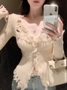 สลิมฟิต คอวี เสื้อสเวตเตอร์ ผู้หญิง แฟชั่น คาร์ดิเกน ฤดูใบไม้ร่วง ฤดูหนาว สินค้าใหม่ เรียบหรู Sliver Edge ดีไซน์ ชุดสํานักงานลําลอง