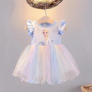 Elsa Short Sleeve Princess Dress Girls Summer Childrens Clothing Ice Princess Fairy Tale Skirt Korean Style Cartoon Pattern