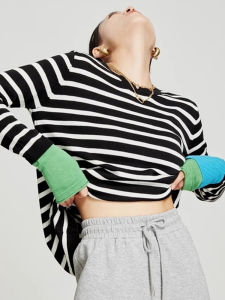 Classic Black White Color Block Striped Loose Fit Overhead T-Shirt Stylish Ageless Base Shirt Versatile Slimming Bottom Shirt