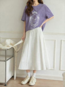 MoZao Commuter Style High Waist Pleated Slimming Half Body Skirt Womens A-Line Midi Skirt White Color Summer Season