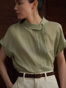 hacikis | Elegant Fresh Irregular Tuck Stand Collar Shirt 100% Ramie