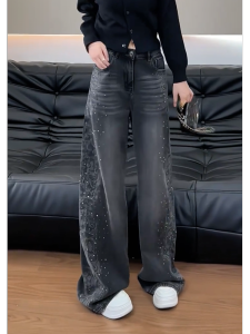 MANMI | Stylish American Niche Design Wide Leg Diamond Embellished Jeans