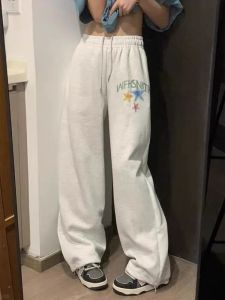 Retro American White Grey Star Graffiti Sports Sweatpants Womens Spring Autumn Trendy Street Couple Casual Wide Leg Pants