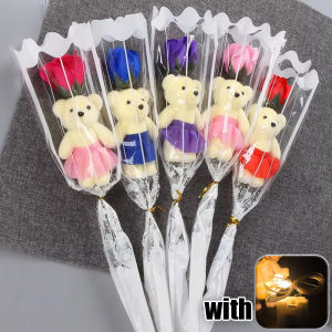 Roses Soap Flowers Bouquet with Teddy Bear Romantic Wedding Favors Rose Soaps Flower with String Light for Valentines Day Wedding Birthday Gifts