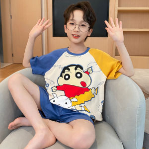 ชุดนอนเด็กชายผ้าฝ้ายแท้สำหรับฤดูร้อน เสื้อผ้าใส่อยู่บ้านแบบบาง ชุดนักบินอวกาศ แขนสั้น คอกลม ลายการ์ตูน สวมใส่สบาย