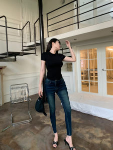 Slimming High Waist Pencil Jeans Womens Korean Fashion High Street Lengthening Legs Elastic Nine Points Pants Cotton Elastic Denim