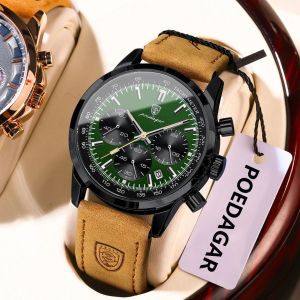 POEDAGAR Fashion Sport Wristwatch For Men Waterproof Luminous Chronograph Military Man Watch Leather Luxury Quartz Mens Watches