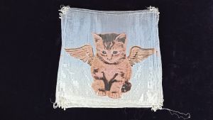 Charlie fabric ผ้าแต่งเลื่อมลายแมว โทนฟ้า แต่งเลื่อมทั้งผืน เนื้อดี คุณภาพดี สีสวย ใช้ตกแต่งงานผ้า งานDIY