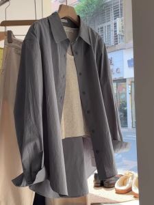 Gray Cotton Casual Loose Long Sleeve Shirt Womens Spring Autumn Comfortable Fashion Simple Style Korean Version Office Commute