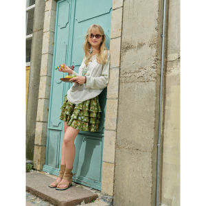 DUSHU | Green Floral Ruffles High Waist Mini Skirt