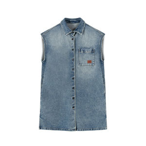 URLAZH | Retro Gradient Washed Blue Collar Pure Cotton Sleeveless Jean Dress