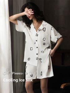 miiow | Cat Woman Summer Ice Silk Sleepwear Loose Short Sleeve Home Clothes Set Breathable Comfortable Plus Size Womens Nightgown