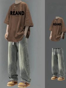 American Retro Cool Mens Summer Short Sleeve Jeans Set Teenage Boys Fashionable Student Casual Sportswear Ensemble