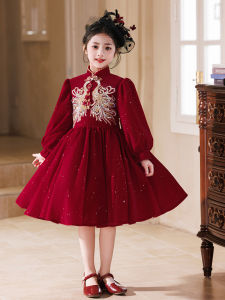 Red New Year Chinese Style Childrens Dress Girls Birthday Princess Skirt Winter Kids Traditional Clothing Polyester Fiber