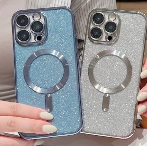 For iPhone 15 14 13 12 11 Pro Max 15 14 Plus Case Electroplate Glitter Magsafe Wireless Charge Cove Shiny Bling Soft Lens Clear TPU Protect Phone Cover