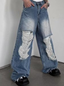 กางเกงยีนส์ทรงหลวมสไตล์อเมริกันสำหรับผู้ชาย ฤดูใบไม้ผลิและฤดูใบไม้ร่วง กางเกงขายาวทรงตรง กางเกงยีนส์ขาดๆ สไตล์สตรีท