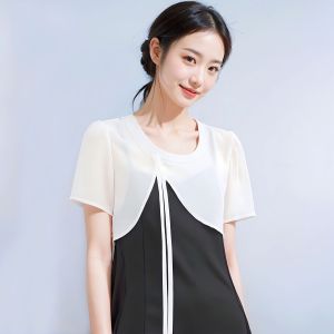 เสื้อคลุมผู้หญิงผ้าชีฟองบาง แฟชั่นฤดูร้อน 2025 ใหม่ แขนสั้น ปกคอตั้ง ทรงเข้ารูป ปกโปโล สีพื้น ปกติ