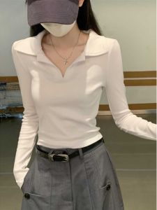 White Long Sleeve Polo Shirt Womens Early Autumn New Style Turn Collar High End Base Layer Shirt Slim Fit Top Inner Wear