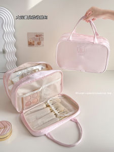 Portable Travel Cosmetic Bag Womens Large Capacity Checkered Makeup Storage Bag Handheld Wash Bag with Butterfly Knot