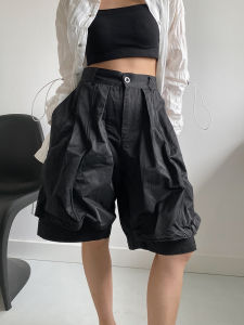 Anti-Wrinkle Twisted Aluminum Wire Woven Loose Five-Quarter Pants High Waist Asymmetric Summer Casual Wide Leg Trousers for Men And Women